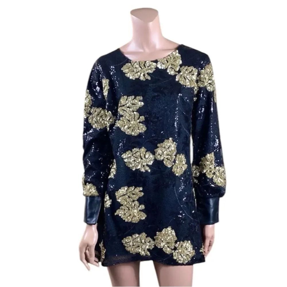 Dress The Population Black Gold Flowers Sequins  mini Cocktail Party dress S
